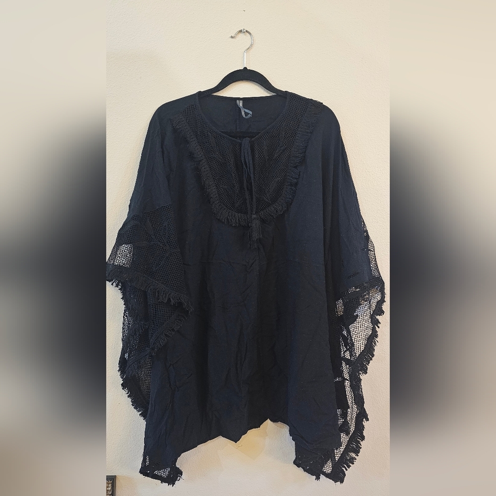 Anthropologie Black Fringe And Detailed Trim Coverup/dress